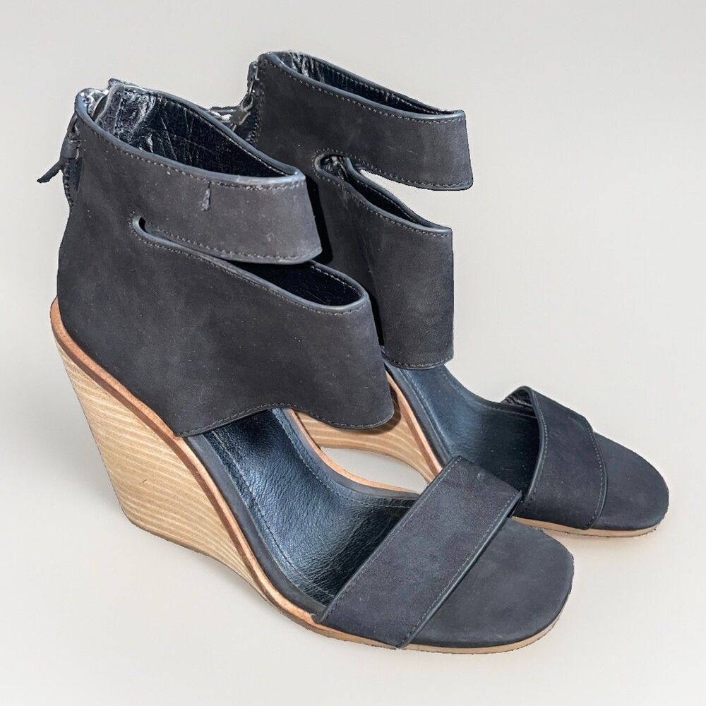 KDB.A Black Suede Wedge Sandals US 6.5 Back Zip Wood Heel Boho Y2K Size 6.5